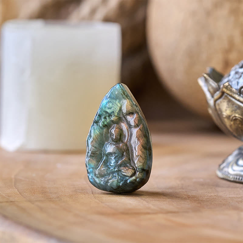 Buddha Stones Engraving Buddha Natural Labradorite Teardrop Shape Figurine Cure Statue Home Decoration
