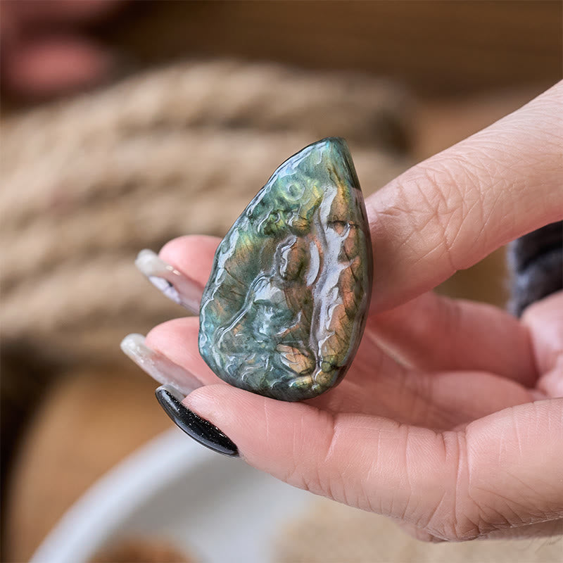 Buddha Stones Engraving Buddha Natural Labradorite Teardrop Shape Figurine Cure Statue Home Decoration