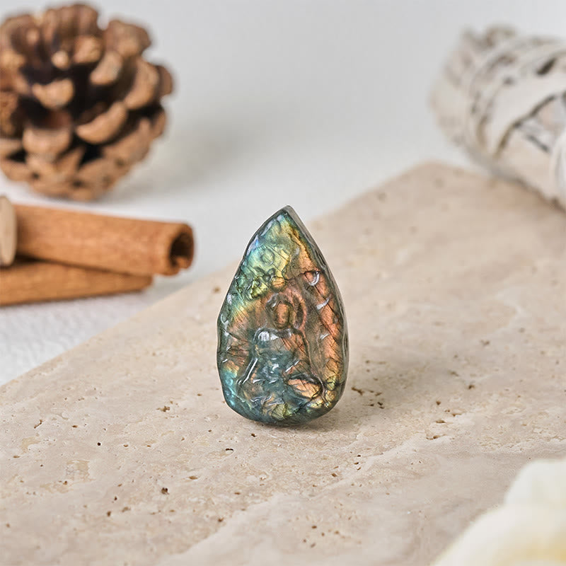 Buddha Stones Engraving Buddha Natural Labradorite Teardrop Shape Figurine Cure Statue Home Decoration