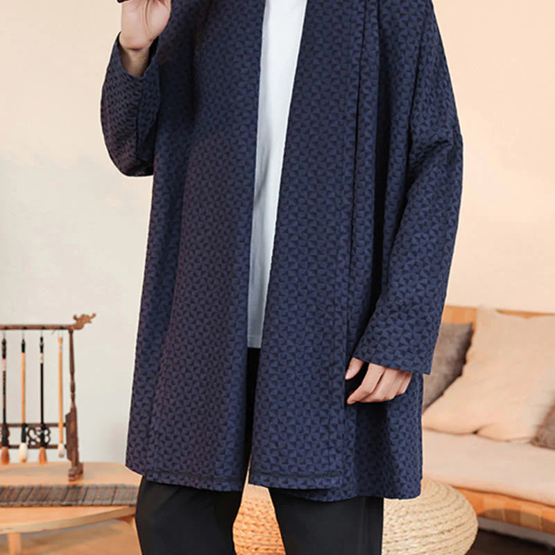 Buddha Stones Winter Jacquard Simple Design Men's Cotton Long Sleeve Kimono