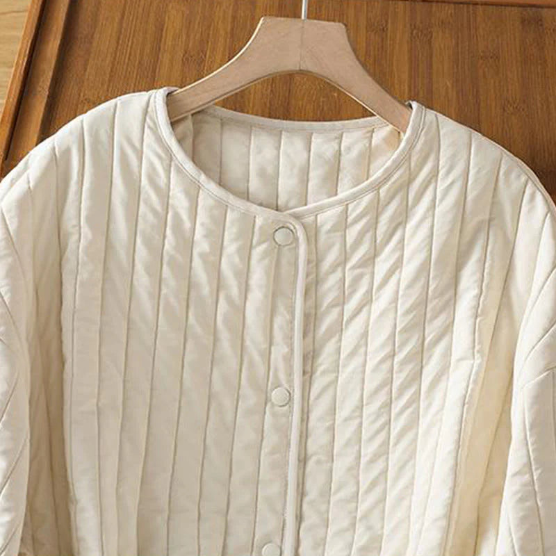 Buddha Stones Women's Plain Crew Neck Drawstring Design Long Sleeve Cotton Jacket With Pocket