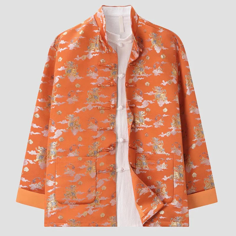 Buddha Stones Orange Kirin Auspicious Clouds Frog-Button Long Sleeve Men's Jacket With Pockets