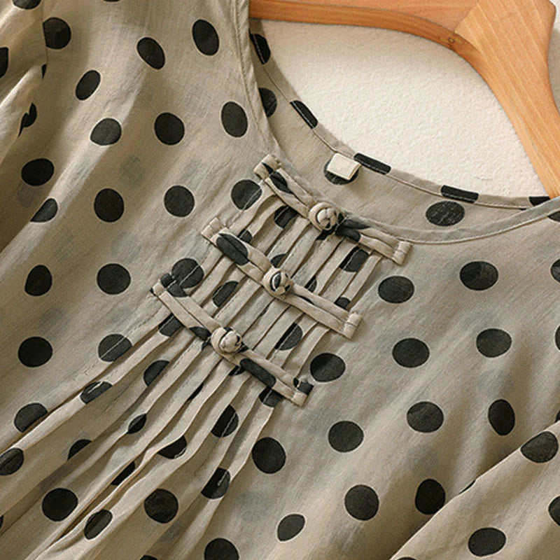 Buddha Stones Fall Round Neck Polka Dots Long Sleeve Women's Polyester Shirt