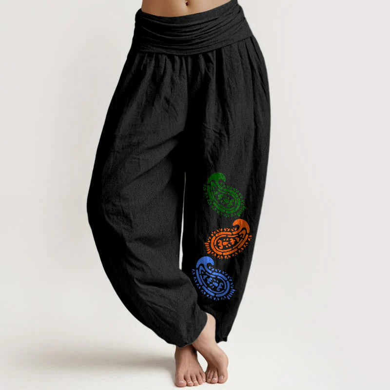 Buddha Stones Pure Cotton Colorful Paisley High Waist Women's Harem Pants