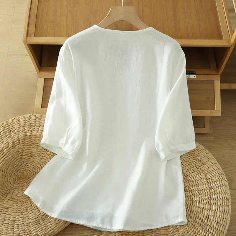 Buddha Stones Solid Buttons V-Neck Half Sleeve Women's Shirt