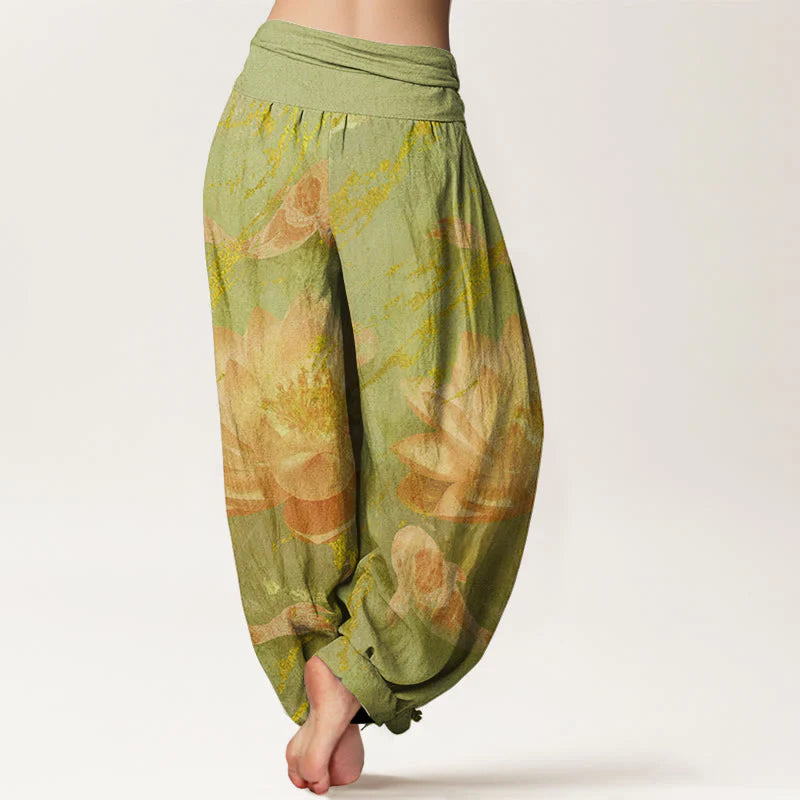 Buddha Stones Cotton Casual Lotus Flower Koi Fish Pattern Women's Harem Pants
