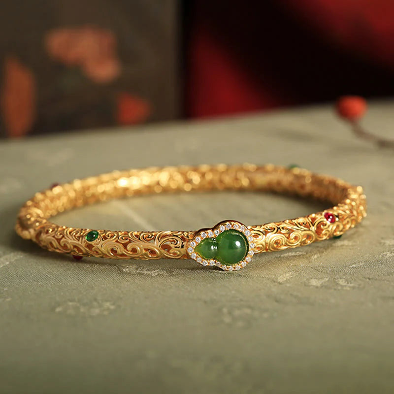 FREE Today: Healing and Harmony Cyan Jade Copper Plated Gold Auspicious Clouds Gourd Bracelet Bangle