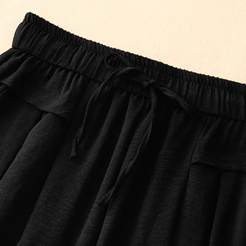 Buddha Stones Causal Ethnic Simple Drawstring Design Women's Wide Leg Cropped Pants With Pockets