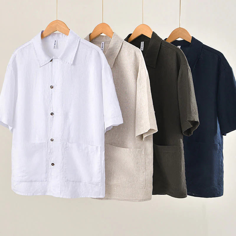 Buddha Stones Solid Summer Short Sleeve Buttons Linen Men's Shirt With Pockets