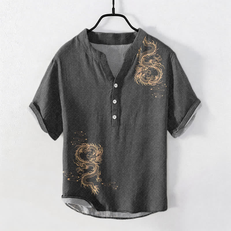 Buddha Stones Cotton Dragon Men's Short Sleeve Half Button Shirt