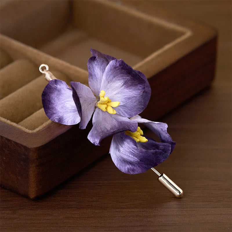 Buddha Stones Handcrafted Silk Art Velvet Flower Light Purple Iris Flower Brooch