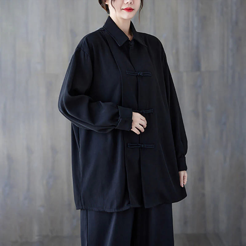 Buddha Stones Black Plain Frog-Button Lapel Women's Cotton Long Sleeve Shirt