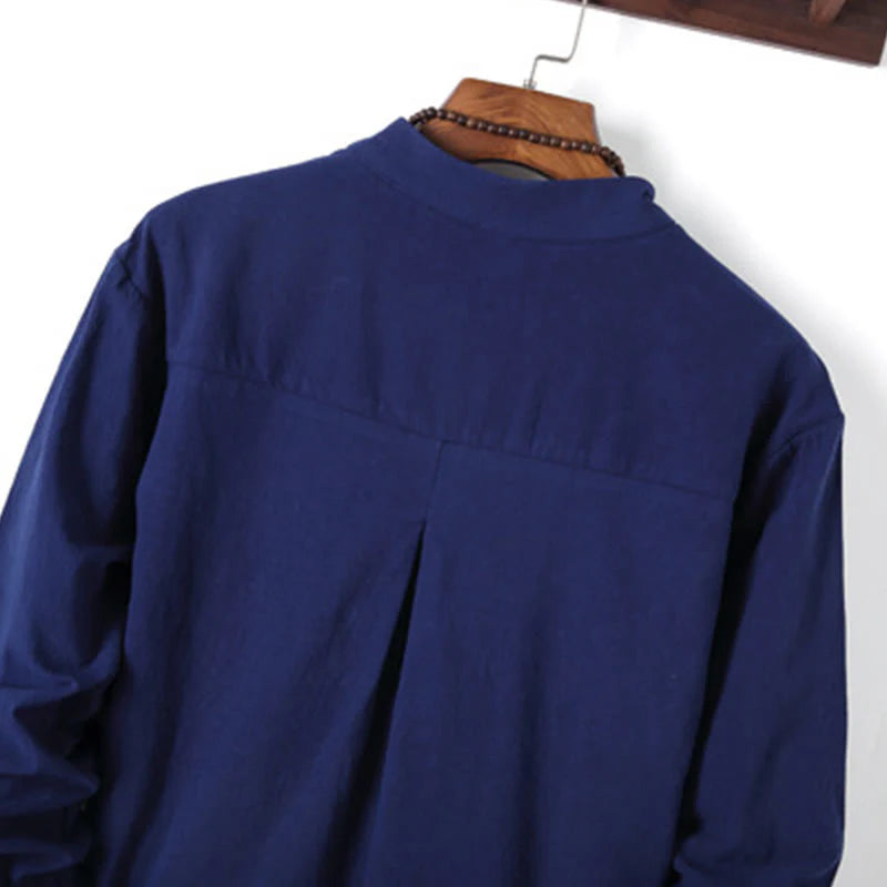 Buddha Stones 2Pcs Solid Color Men's Frog-Button Long Sleeve Cotton Shirt Pants Set With Pockets