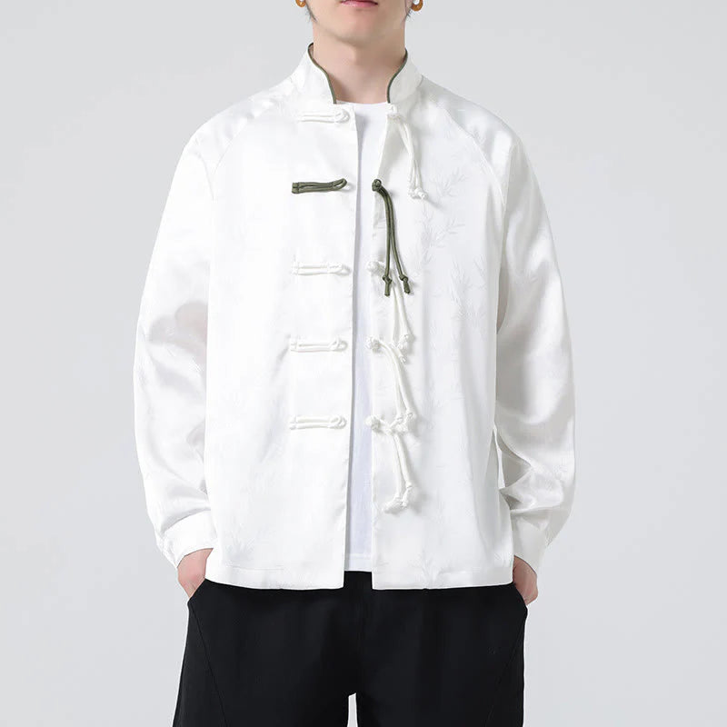Buddha Stones Spring Jacquard Bamboo Leaves Pattern Chinese Frog-Button Design Men's Long Sleeve Shirt