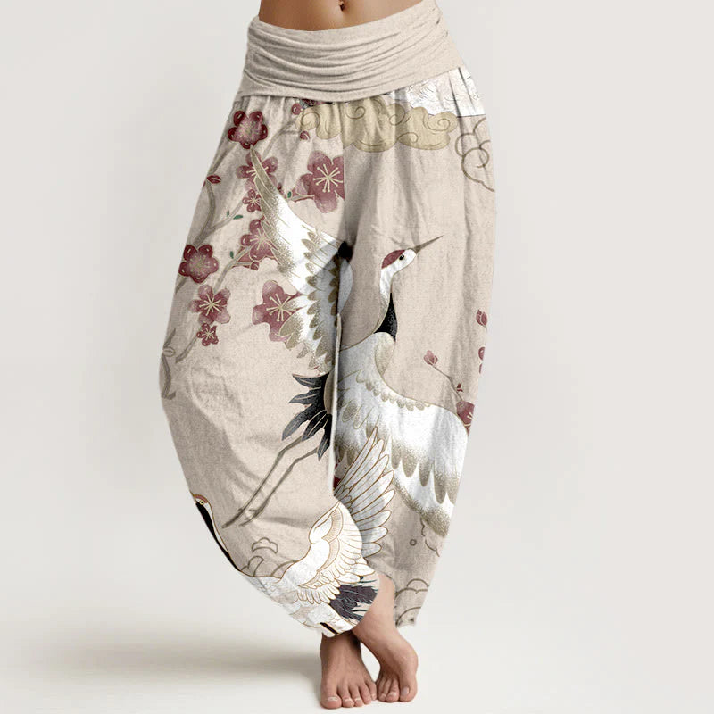 Buddha Stones Pure Cotton Cranes Flowers Clouds Patterns Women's Elastic Waist Harem Pants