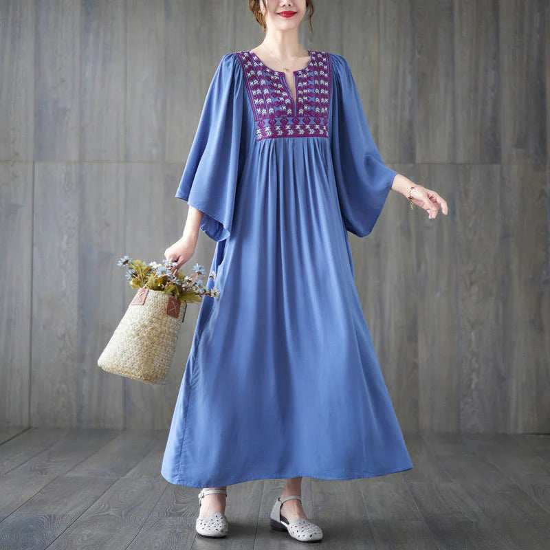 Buddha Stones Embroidery Notched Ruffled Hem Midi Dress With Pockets
