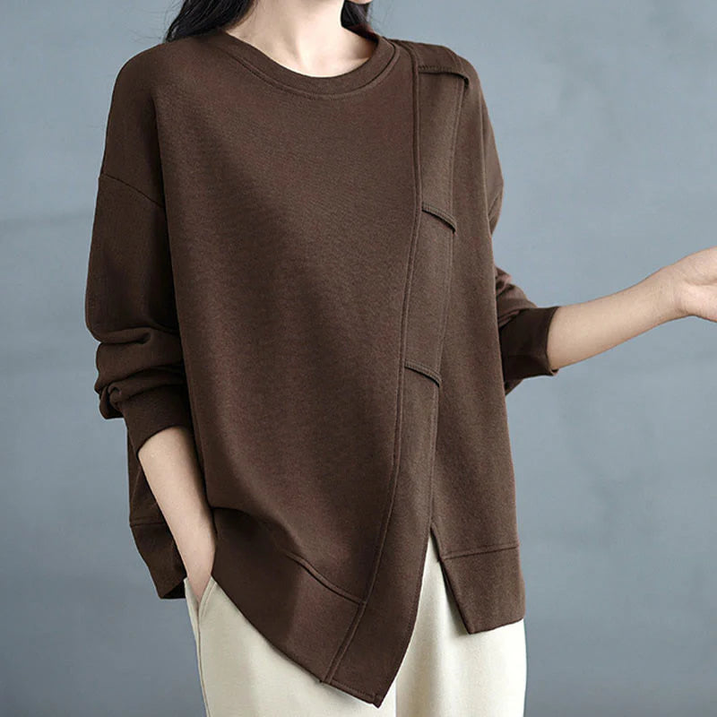 Buddha Stones Fall Solid Color Asymmetrical Design Crew Neck Long Sleeve Women's Cotton Sweatshirt