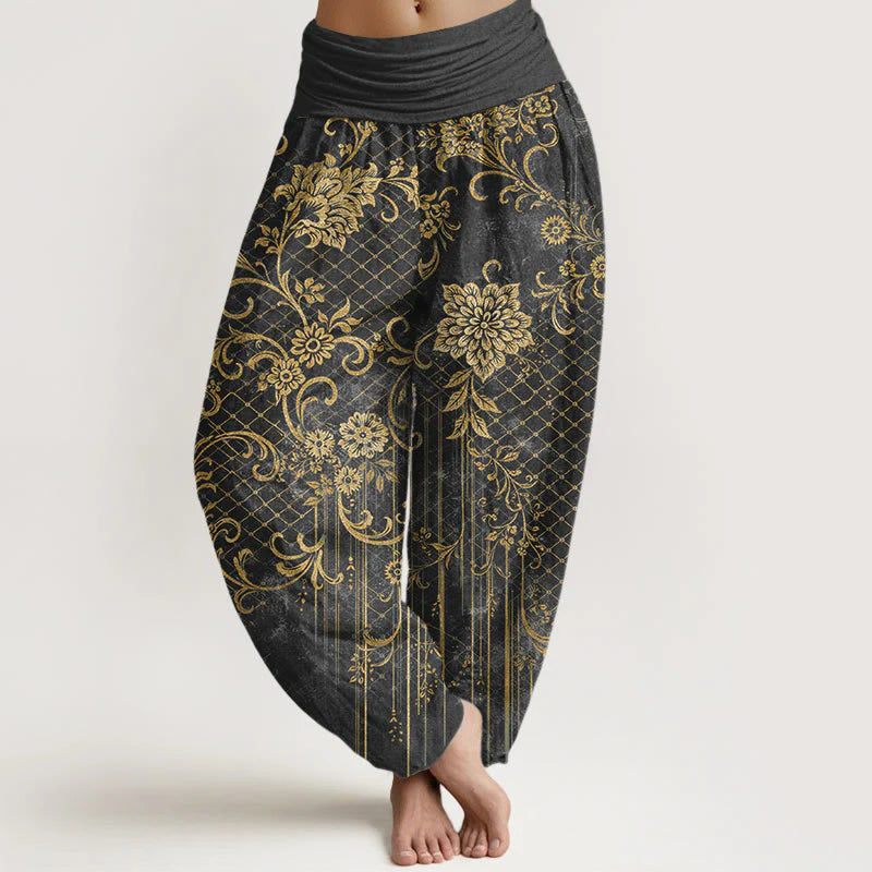 Buddha Stones Pure Cotton Classical Flower Leaf Vine Pattern Women's Elastic Waist Harem Pants