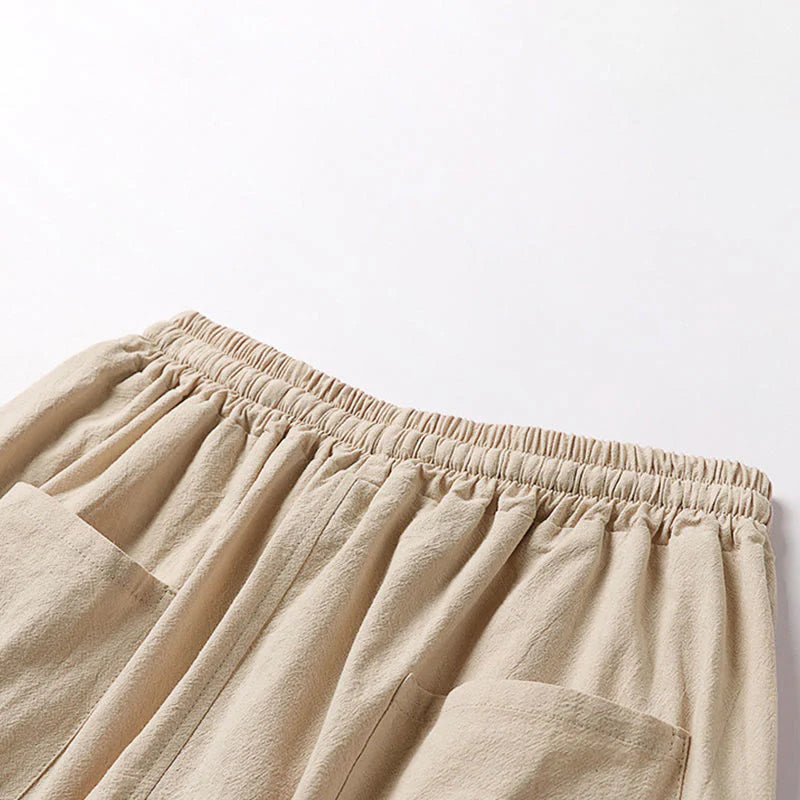 Buddha Stones Plain Drawstring Design Men's Capri Cropped Cotton Linen Wide Leg Pants With Pockets