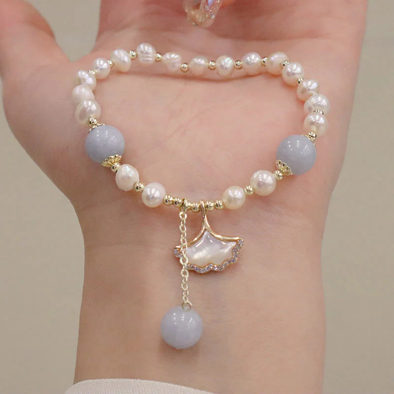 Buddha Stones Natural Aquamarine Pearl Healing Ginkgo Leaf Butterfly Charm Bracelet