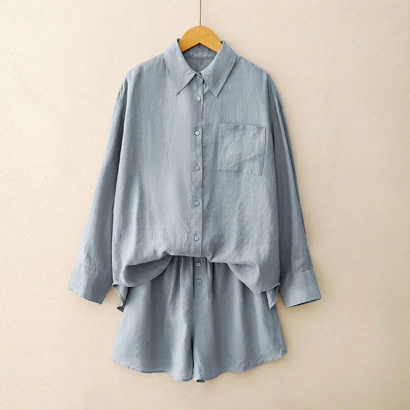 Buddha Stones Summer 2pcs Plain Long Sleeve Shirt Top Cardigan Shorts Meditation Clothing Women's Set With Pockets