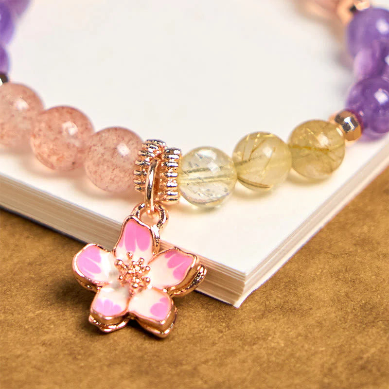 Buddha Stones Natural Strawberry Quartz Amethyst Citrine Love Flower Charm Key Chain Hanging Decoration