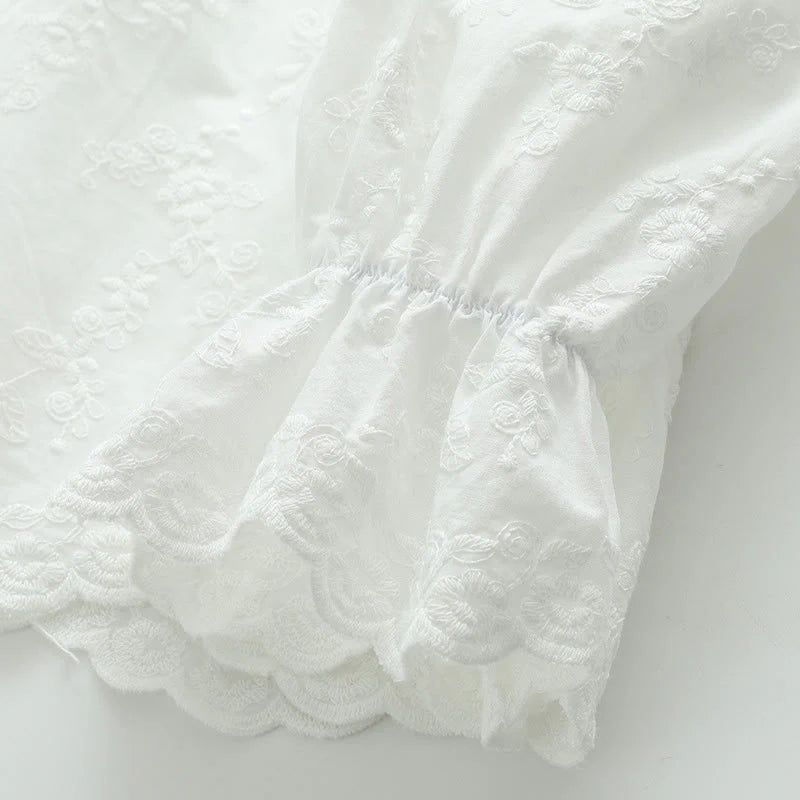Buddha Stones Fall White Floral Embroidery Peter Pan Collar Buttons Women's Cotton Long Sleeve Shirt