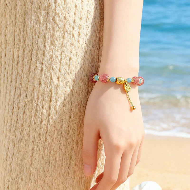 Buddha Stones Natural Strawberry Quartz Moonstone Healing Positive Beads Bracelet