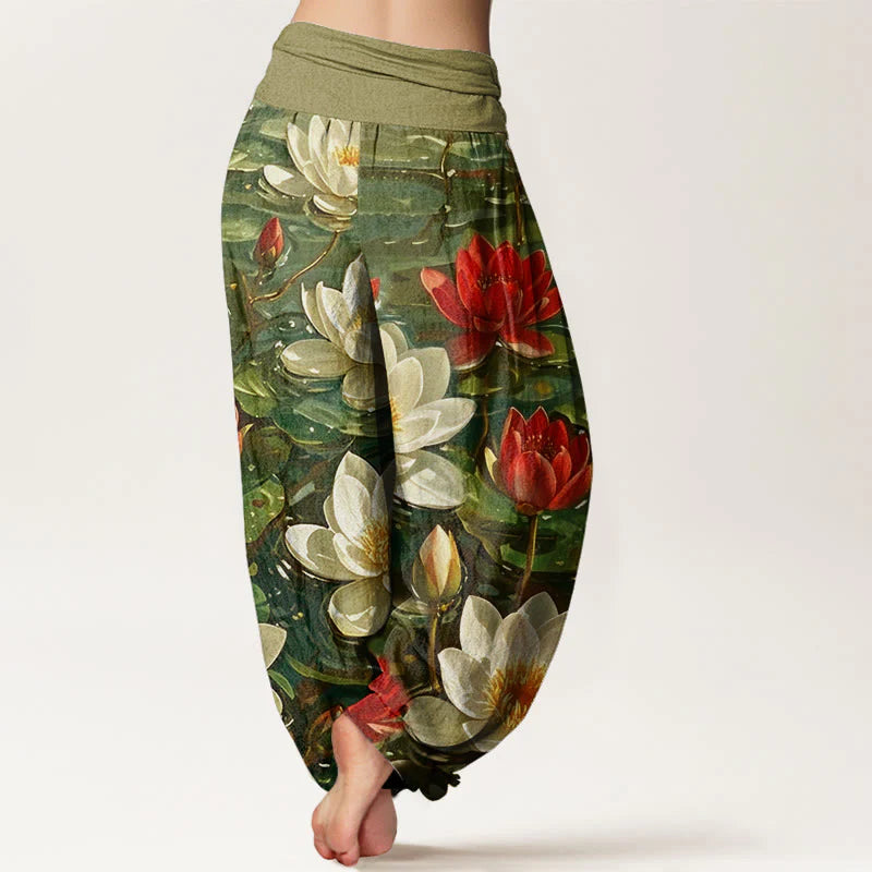 Buddha Stones Cotton Casual Blooming Red Lotus Flower Pattern Women's Elastic Waist Harem Pants