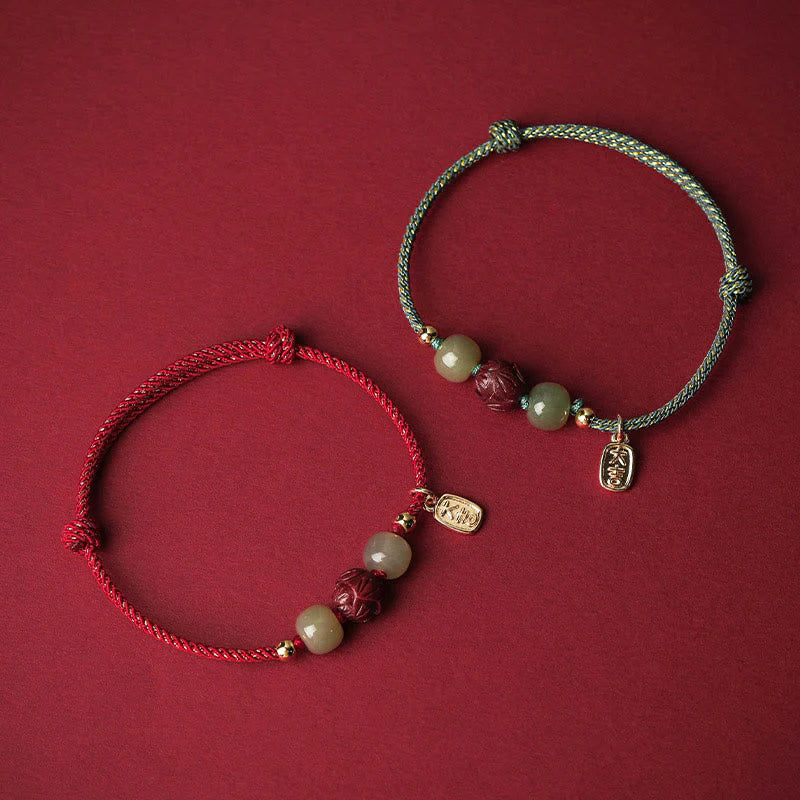 Buddha Stones 14K Gold Plated Hetian Jade Cinnabar Lotus Luck Handcrafted Rope Bracelet