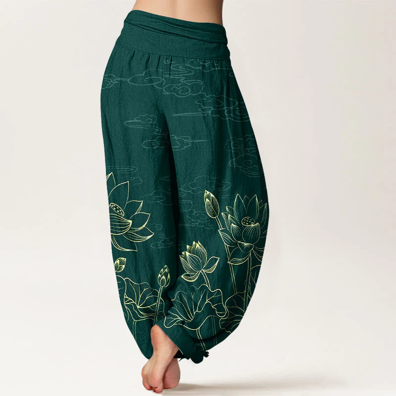Buddha Stones Pure Cotton Concise Lotus Flower Leaf Pod Bud Cloud Pattern Women's Elastic Waist Harem Pants