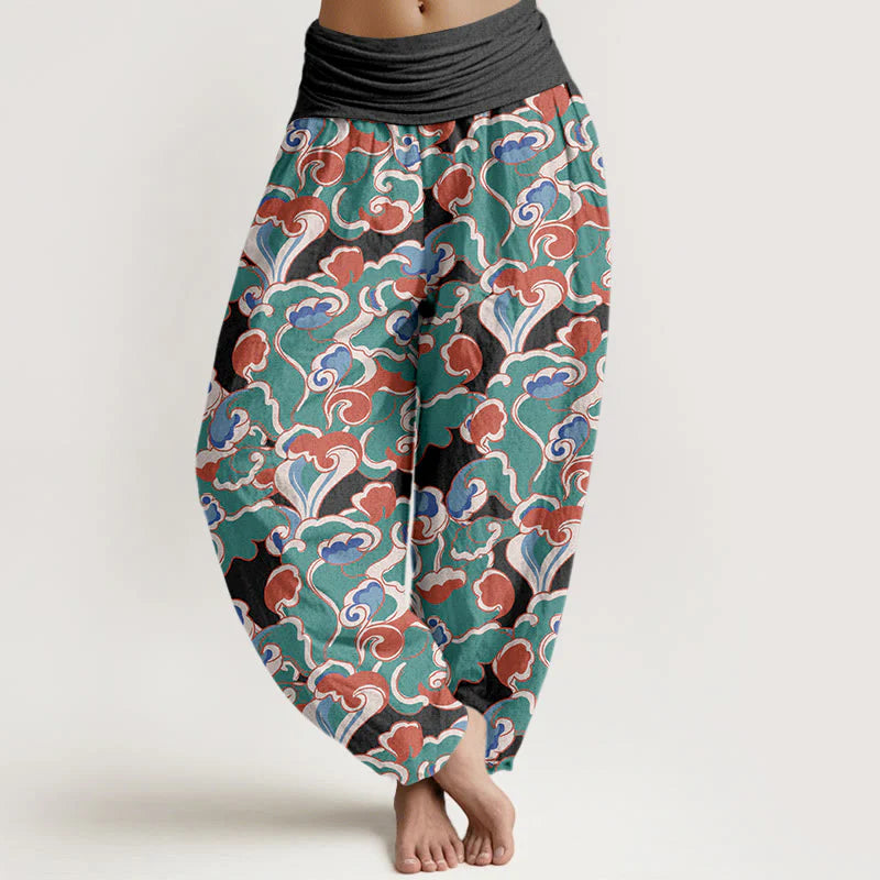Buddha Stones Pure Cotton Small Clouds Gathered Women's Elastic Waist Harem Pants