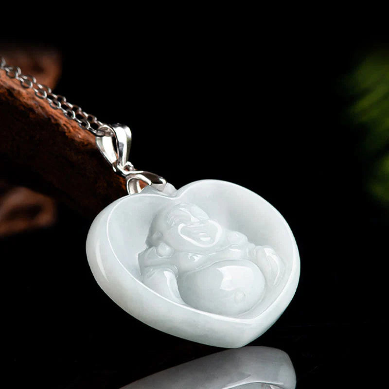 Buddha Stones Laughing Buddha White Jade Luck Blessing Titanium Steel Chain Necklace Pendant