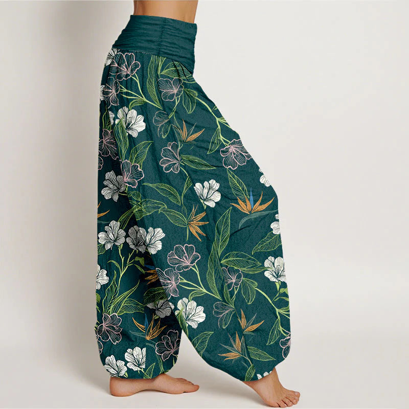 Buddha Stones Cotton Contrasting Colors Flower Leaf Pattern Women's Elastic Waist Harem Pants