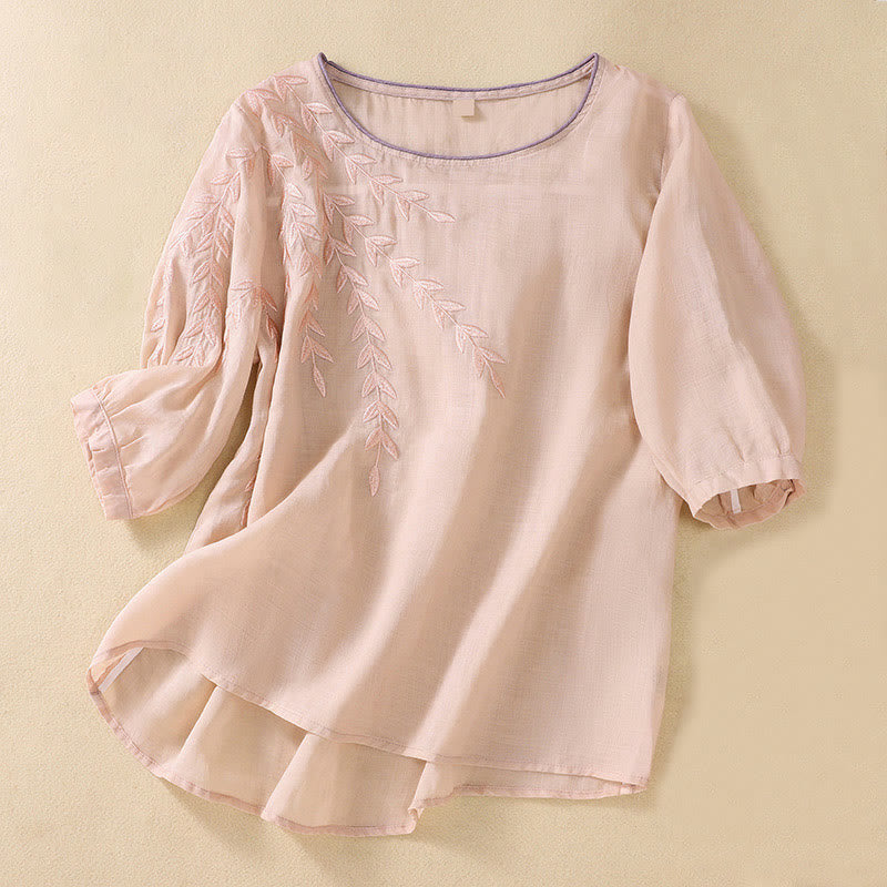Buddha Stones Embroidery Leaves Women's Cotton Linen Half Sleeve T-shirt