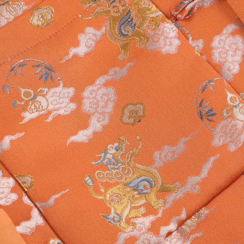 Buddha Stones Orange Kirin Auspicious Clouds Frog-Button Long Sleeve Men's Jacket With Pockets