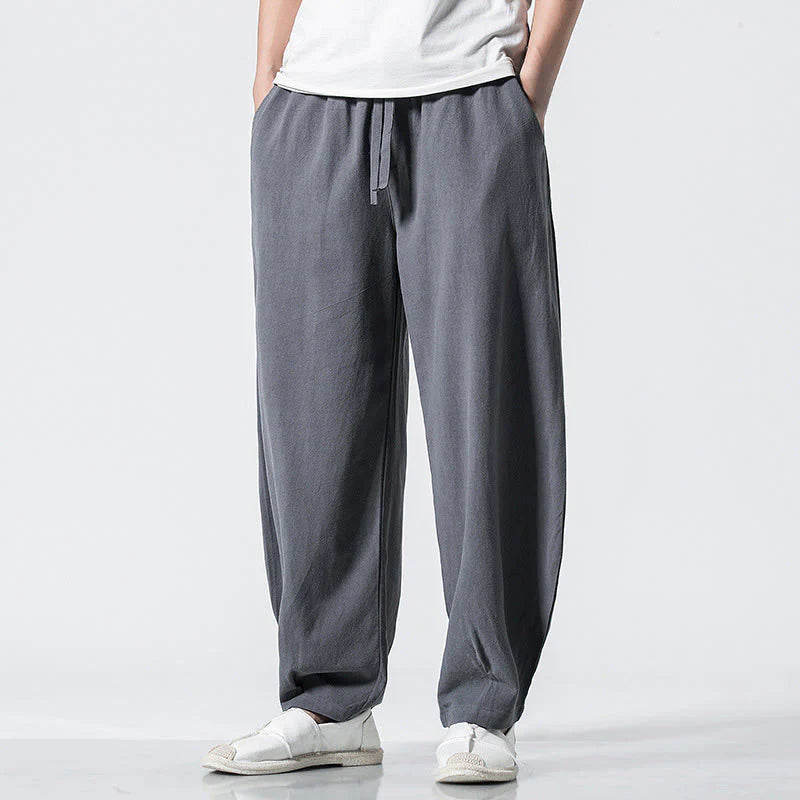 Buddha Stones Drawstring Elastic Waist Ankle-Length Men's Cotton Pants With Pockets