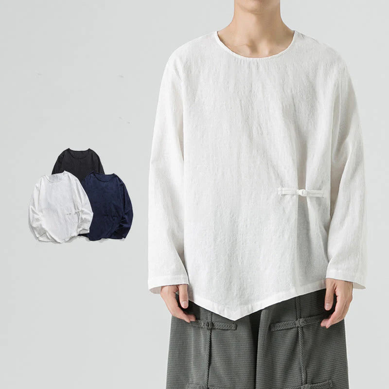 Buddha Stones Men's Chinese Frog-Button Plain Design Cotton Long Sleeve T-Shirt Zen Clothing