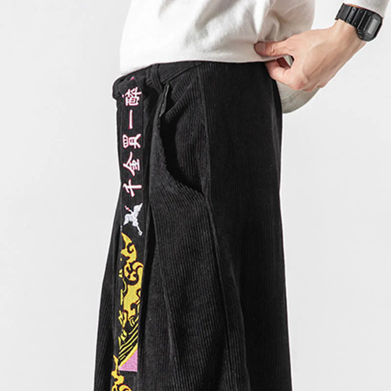 Buddha Stones Fall Winter Lace-up Chinese Character Embroidery Men's Corduroy Pants With Pockets
