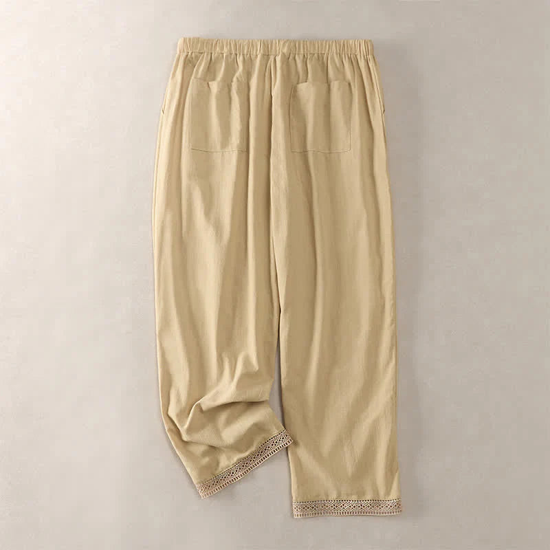 Buddha Stones Summer Lace-trimmed Hem Solid Color Women's Tapered Pants With Pockets
