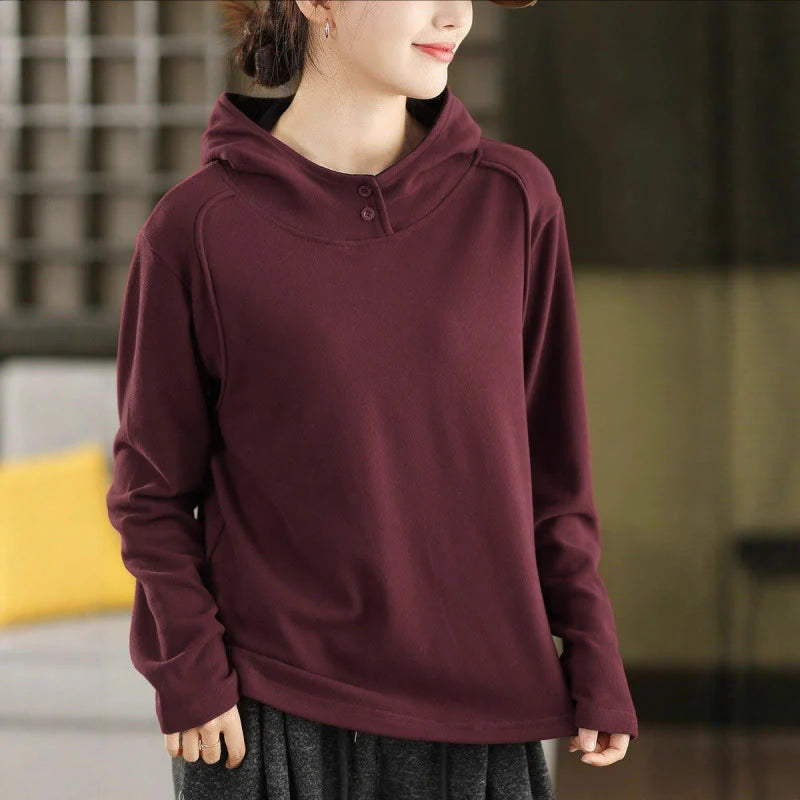 Buddha Stones Winter Solid Color Cotton Thickened Long Sleeve Women's Hoodie Has Hood