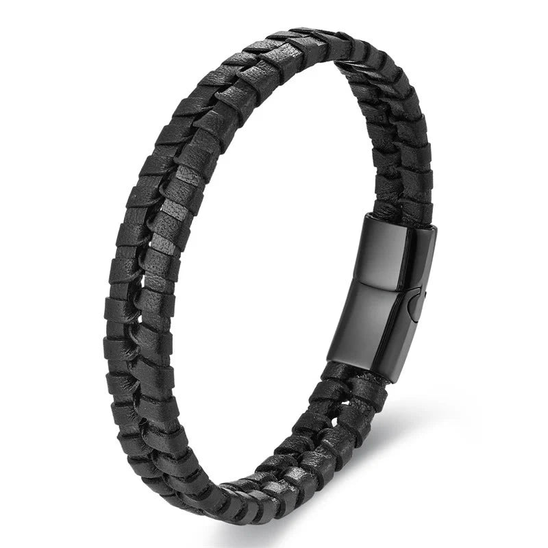 Buddha Stones Simple Braided Pattern Titanium Steel Strengthen Multi-layer Leather Buckle Bracelet