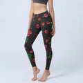 Buddha Stones Vibrant Red Flowers Green Leaves Print Gym Leggings Women's Yoga Pants