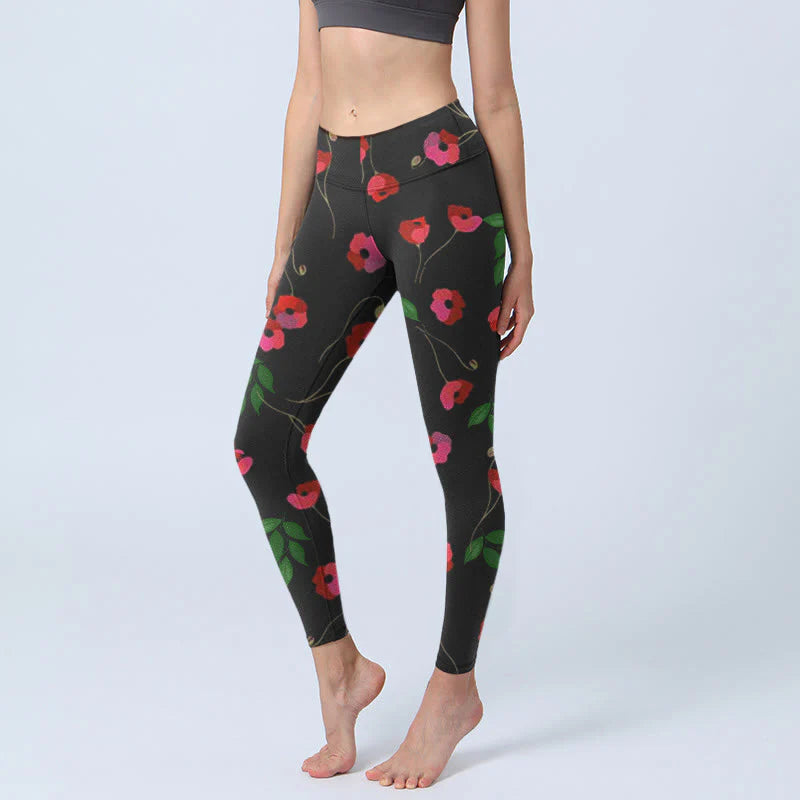 Buddha Stones Vibrant Red Flowers Green Leaves Print Gym Leggings Women's Yoga Pants
