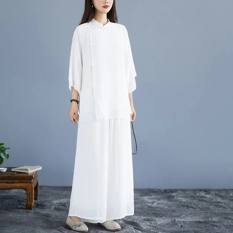 Buddha Stones 2Pcs Solid Color White Frog-Button Three Quarter Sleeve Shirt Wide Leg Pants Meditation Zen Clothing Women's Set