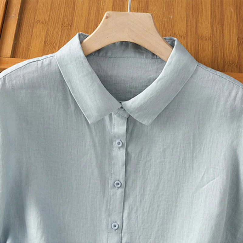Buddha Stones Summer Plain Color Button Short Sleeve Women's Cotton Shirt