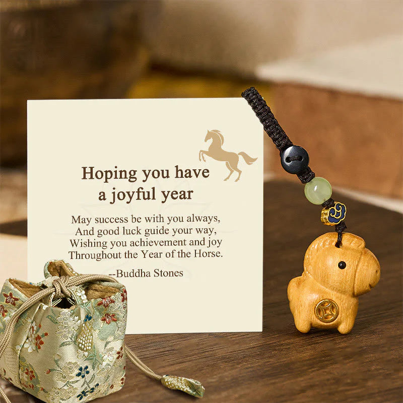 Buddha Stones Hoping You Have a Joyful Year Year of the Horse Rainbow Eucalyptus Small Leaf Red Sandalwood Key Chain Includes Gift Message Card
