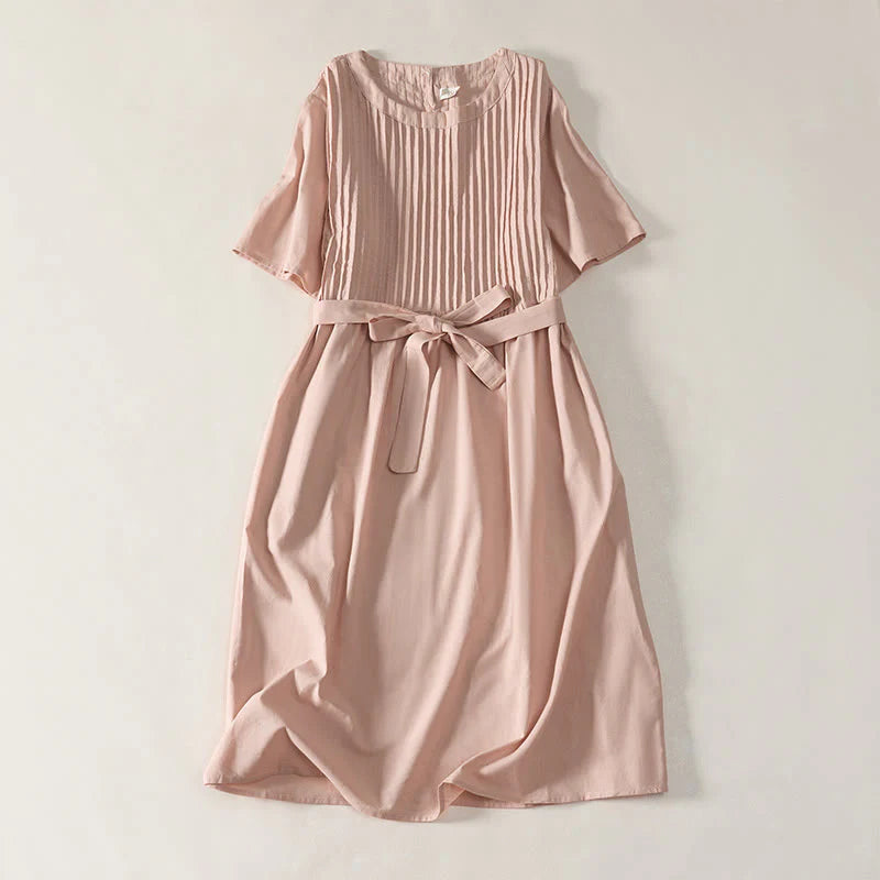 Buddha Stones Summer Pintuck A Line Knee Length Women's Short Sleeve Dress With Tie Waist Bow