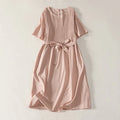 Buddha Stones Summer Pintuck A Line Knee Length Women's Short Sleeve Dress With Tie Waist Bow