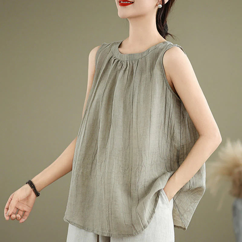 Buddha Stones Summer Wrinkles Simple Design Crew Neck Cotton Linen Women's Sleeveless Vest Waistcoat